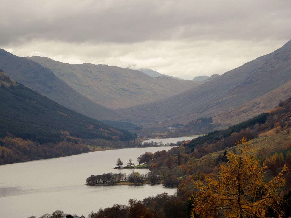 A landscape view of mountains and a lake at Culearn Mill Balquhidder, Perthshire, Scotland