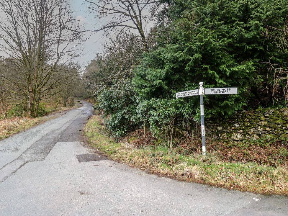 A road with a signpost in a wooded area at Brockstones Grasmere