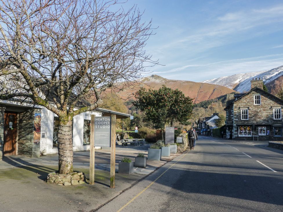 A street view with a tree and studio sign at Brockstones in Grasmere