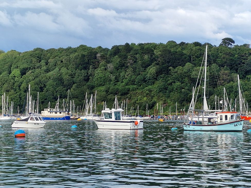 Boats docked in a marina with trees in the background at Driftwood in Dartmouth