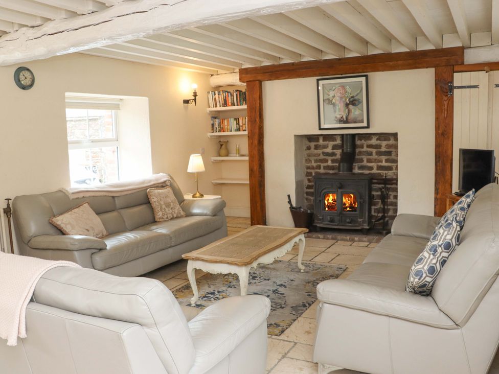 A living room with sofas and a fireplace at Orchard Barn in Wexford