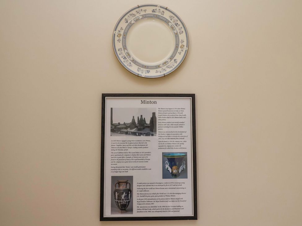 A decorative plate and an information board about Minton in Parkfields House Tittensor near Barlaston