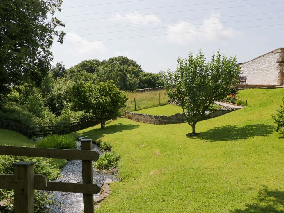 A garden with trees and a stream at Burnbank Cottage in Grange-Over-Sands