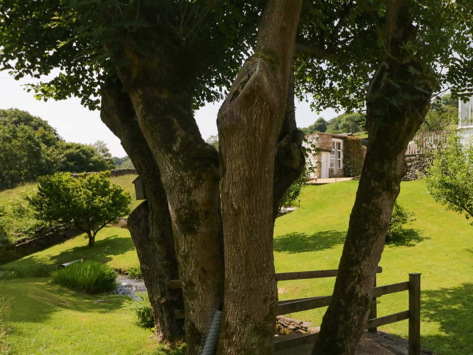 A garden with trees and a building at Burnbank Cottage in Grange-Over-Sands