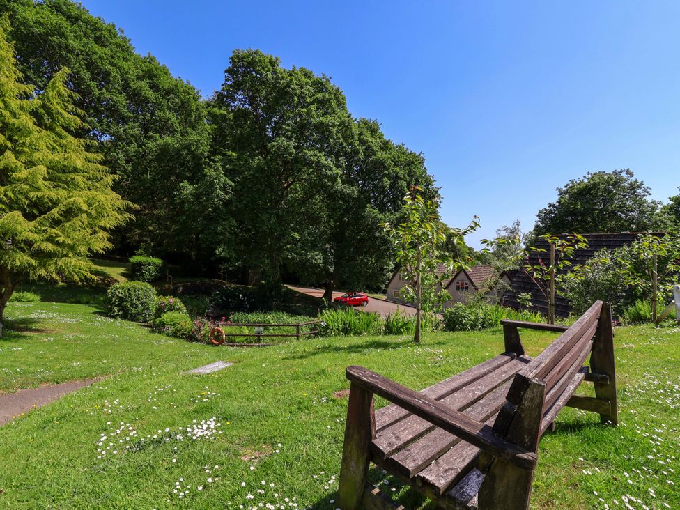 A wooden bench on grass with trees and houses in the background at 37 Tamar in St Ann's Chapel near Callington