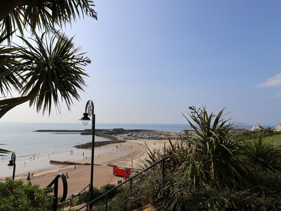 A beach view with palm trees and a pier at Saltwind in Lyme Regis
