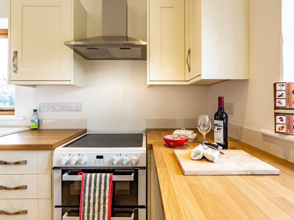 A kitchen with an oven and countertop at Johnsons Smallholding in Market Drayton
