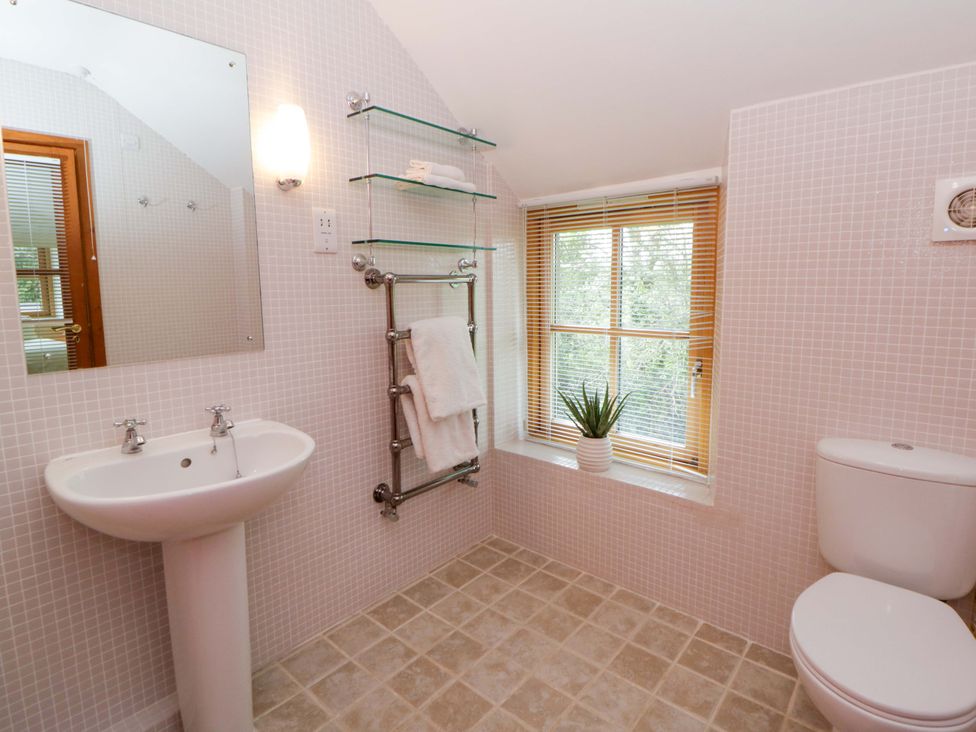 A bathroom with a sink, toilet and towel rack at Bryn Isaf in Swyddffynnon near Pontrhydfendigaid