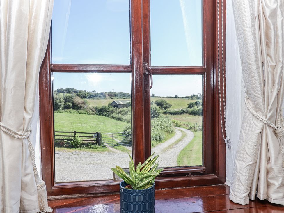 A window with curtains and a potted plant looking out at a field and a road at The Byre in Common Moor near Liskeard