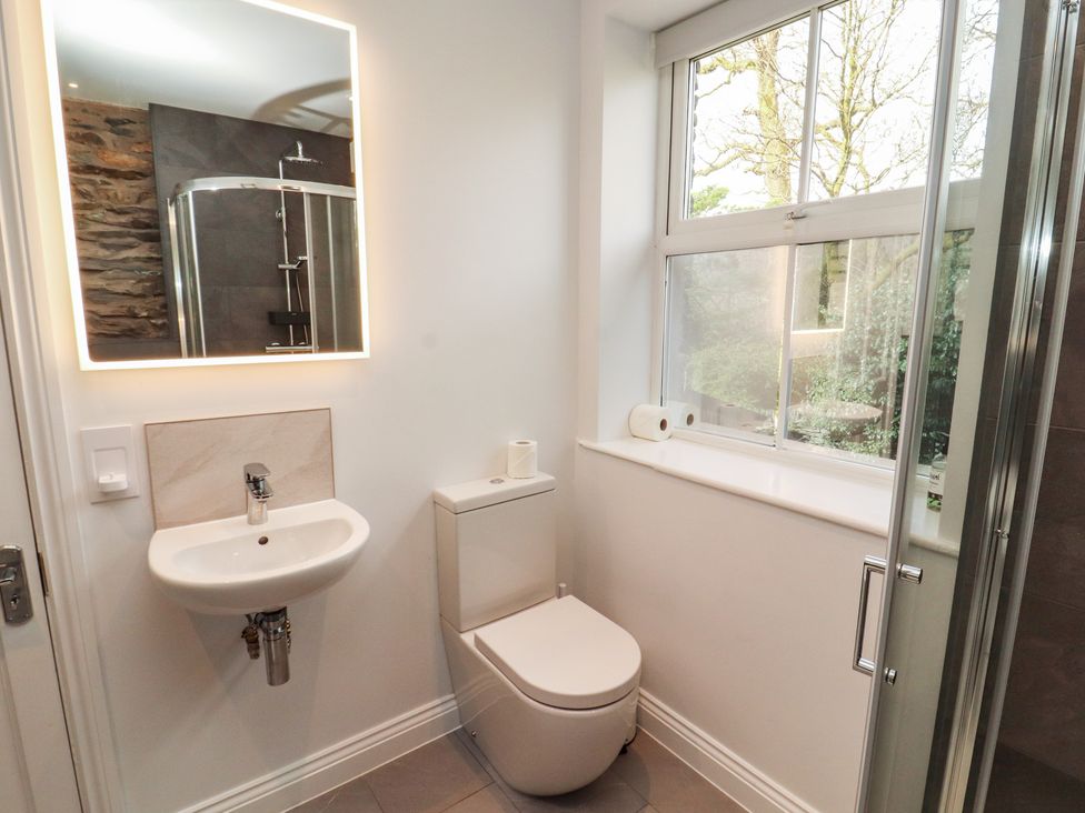 A bathroom with a toilet, sink, and shower at Rothay Cottage, Ambleside