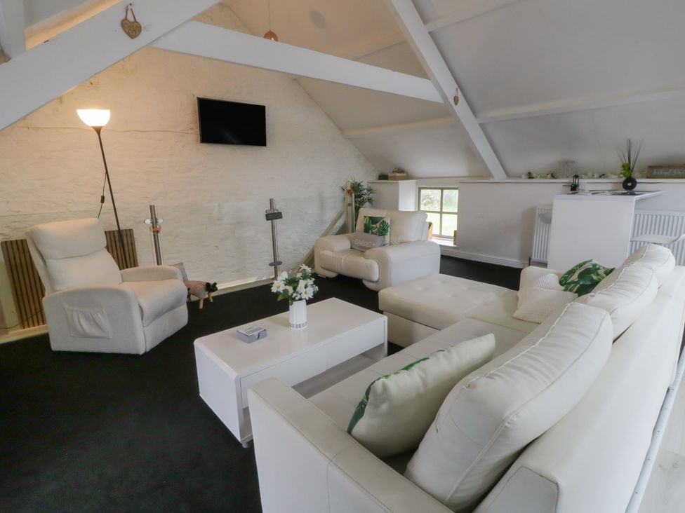A living room with sofas and a television at The Old Workshop in Dre-Fach near Lampeter