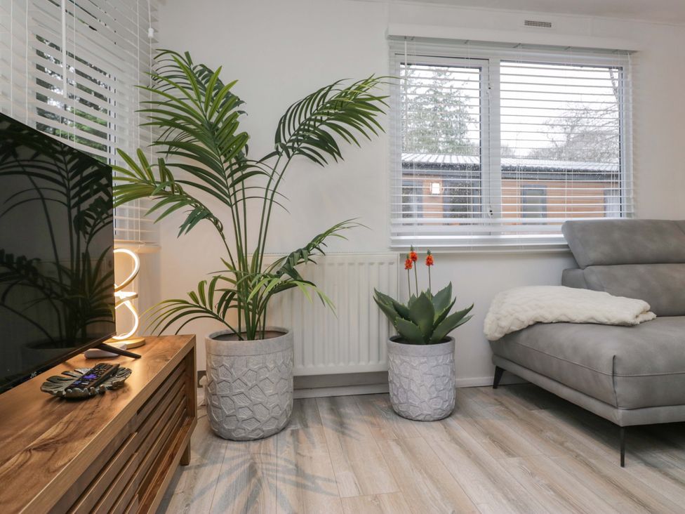 A living room with a television and plants at Cosy Corner White Cross Bay near Troutbeck Bridge