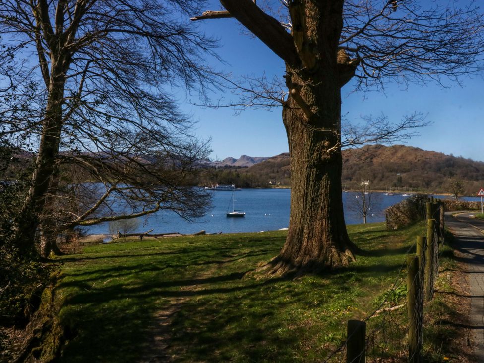 A view of a lake with a tree and boat at Cosy Corner White Cross Bay near Troutbeck Bridge