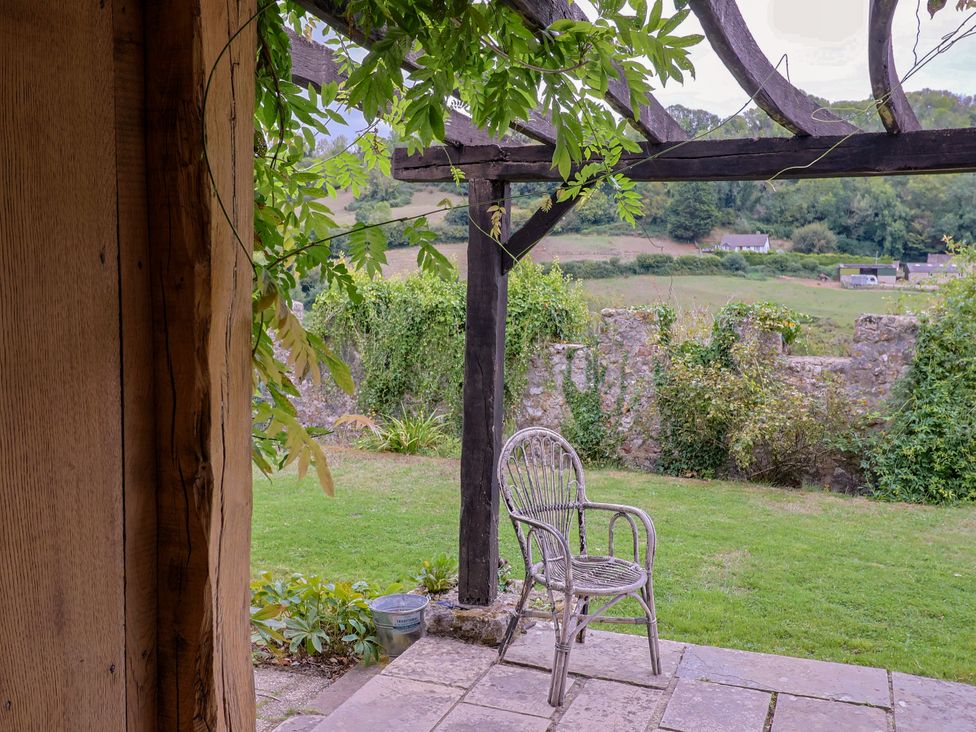 An outdoor area with a chair and plants at Hole House in Branscombe