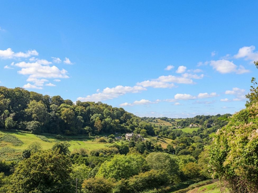 A landscape view with hills and trees at Hole House in Branscombe