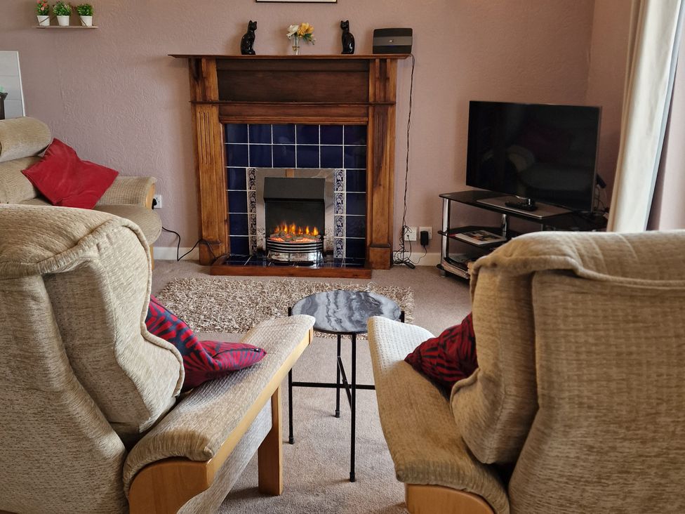 A living room with a fireplace and seating at Woodland Roost in Barmouth