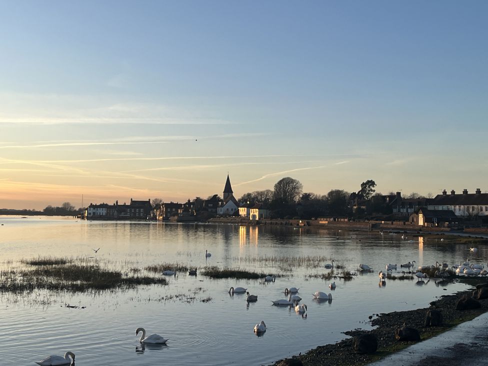 A scenic view of water with swans and buildings at 8 Mariners Terrace in Chichester