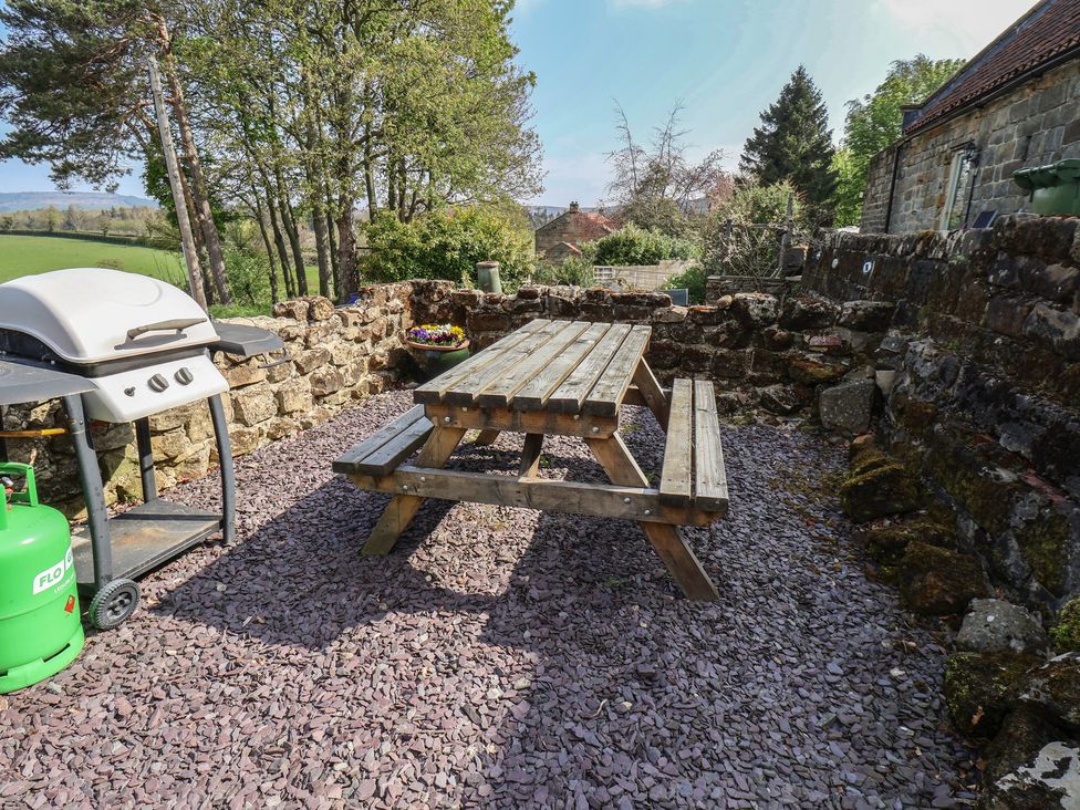 An outdoor area with a picnic table and grill at Horseshoe Cottage Ingleby Greenhow near Great Ayton