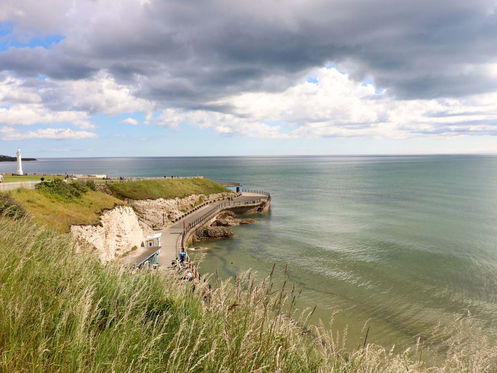 A pathway leading to water with a lighthouse at 8 Percy Terrace Whitburn
