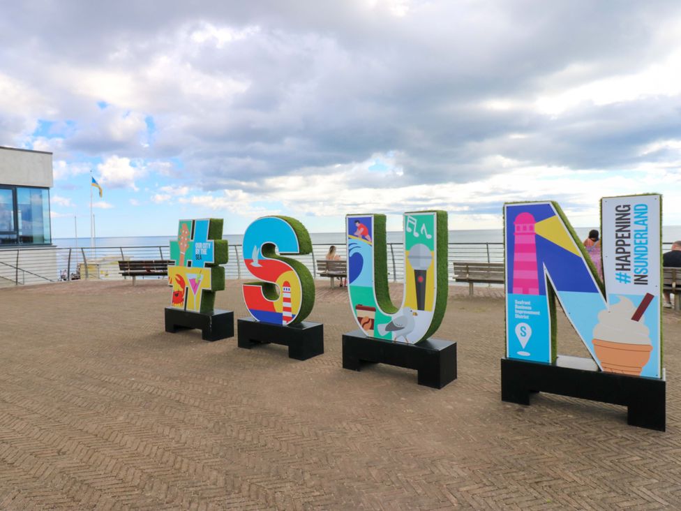 Colorful hashtag sign at a waterfront in Sunderland