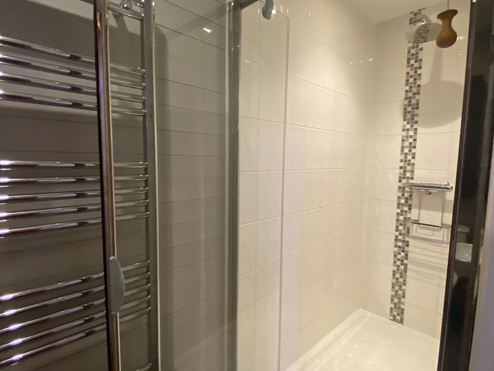 A bathroom with a shower and towel rack at Halshanger Barn near Ashburton