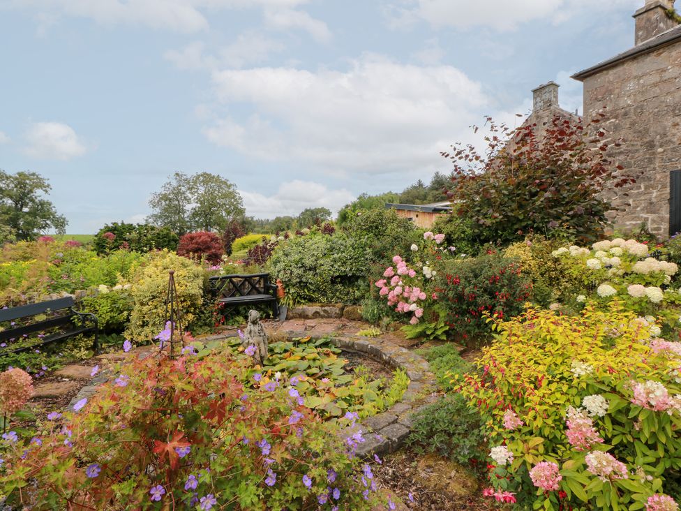 A garden with flowers, a pond, and a bench at Balsaggart Farm