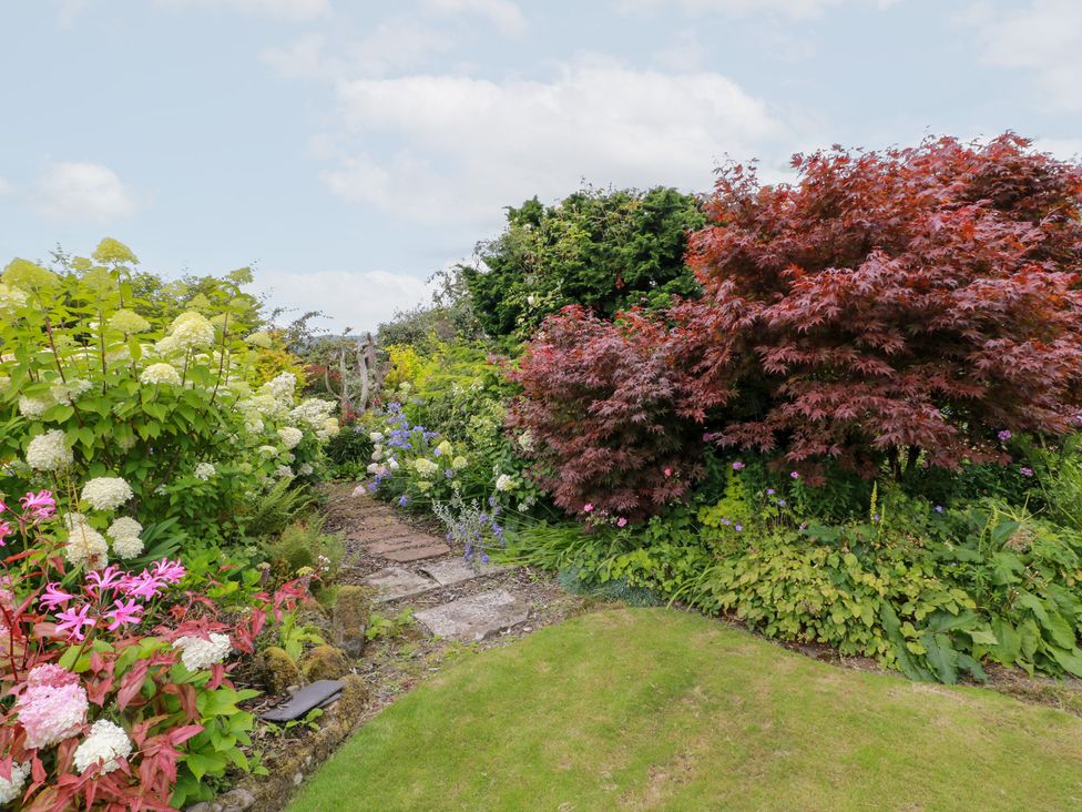 A garden with a pathway surrounded by various flowers and bushes at Balsaggart Farm 