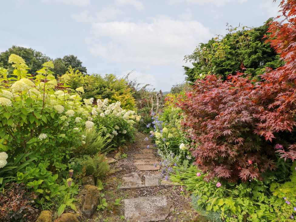 A pathway lined with flowers and shrubs at Balsaggart Farm