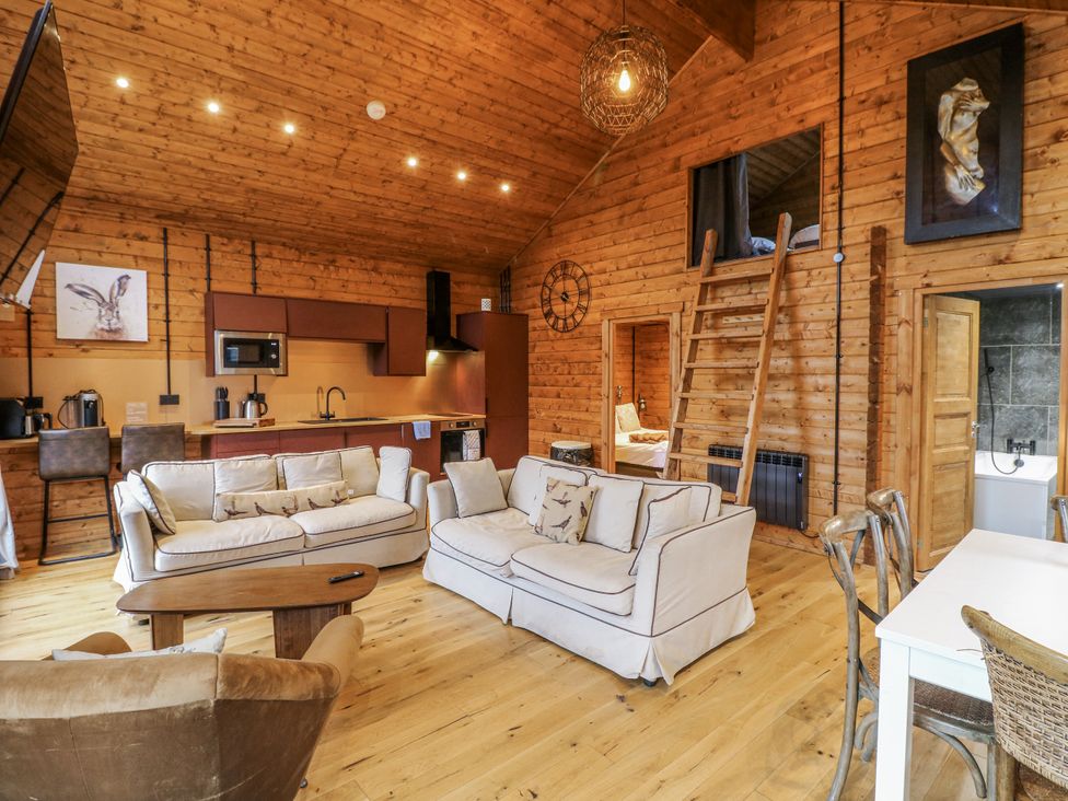 A living room with a kitchen and ladder at Rabbit Hole near Stamford