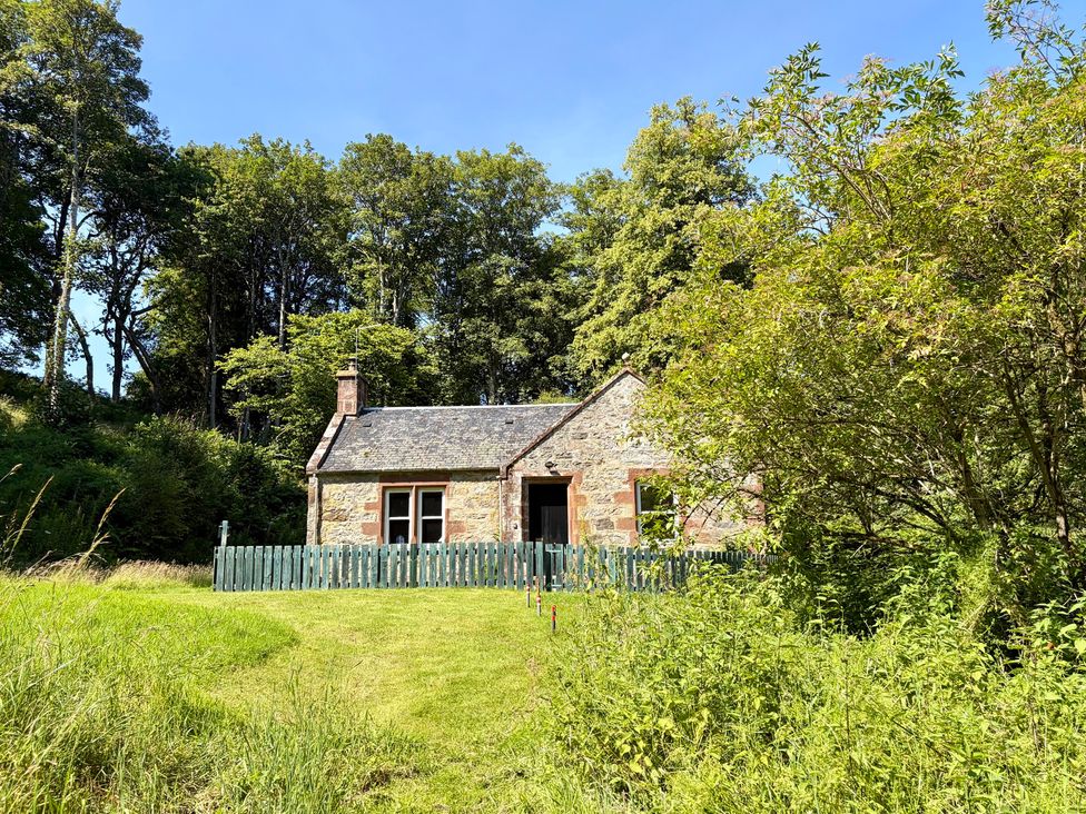 A cottage surrounded by greenery at Gunroom Cottage in Castle Leod near Strathpeffer