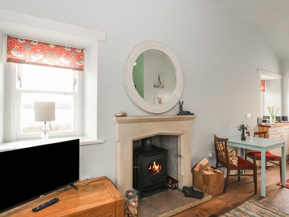 A living room with a fireplace and television at South Lodge near Ardpatrick