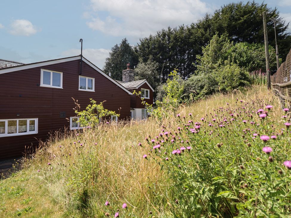 A house with flowers in the foreground at Bryn Y Garreg Cottage - The Wireless Free Farm Llangadfan near Llanwddyn