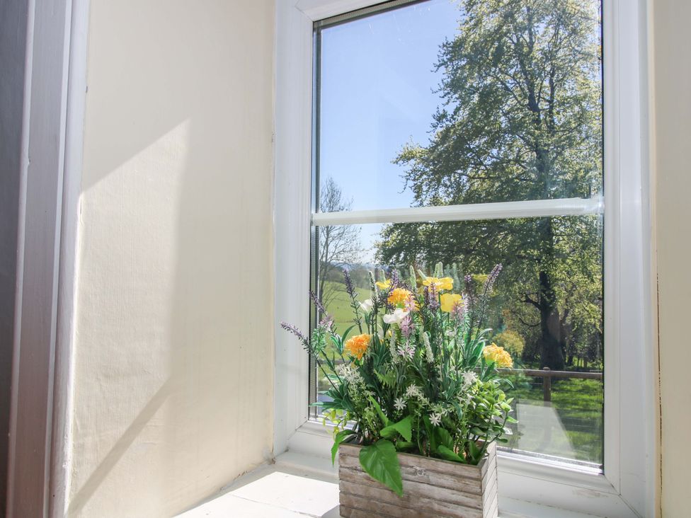 A window with a flower pot in an indoor area at Beach Farmhouse in Bishops Castle