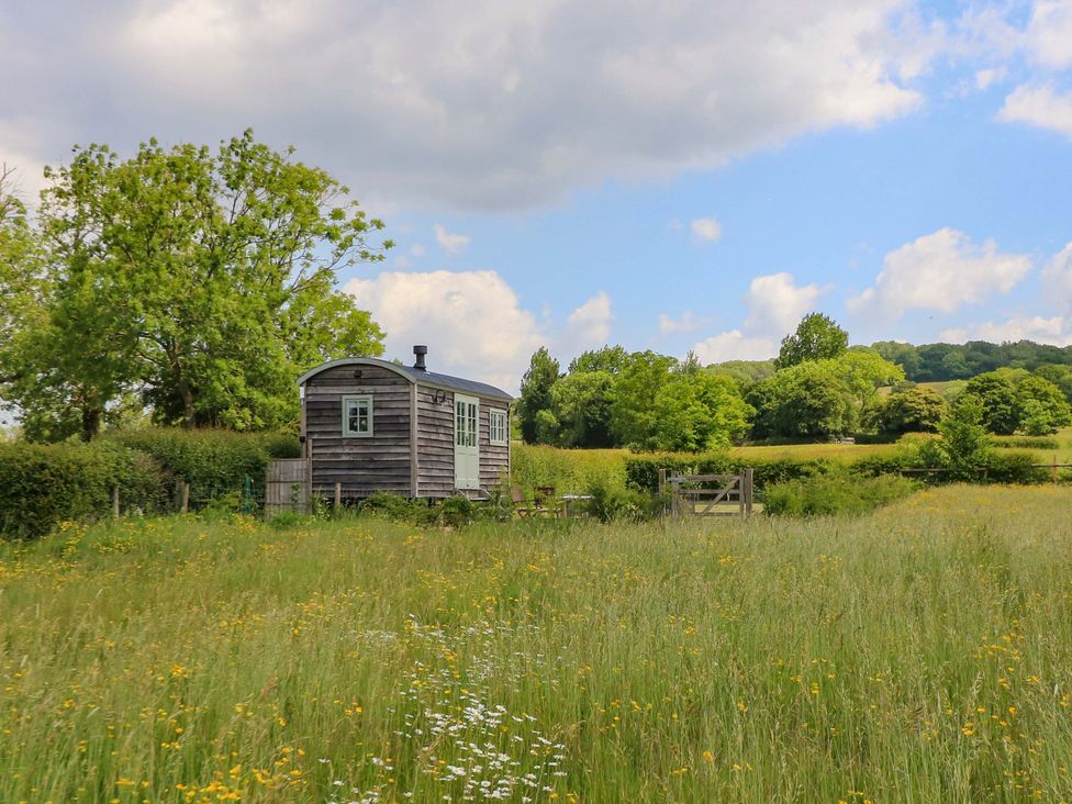 A tiny house in a field with trees and a gate at Goose Whistle Hut in Foxham