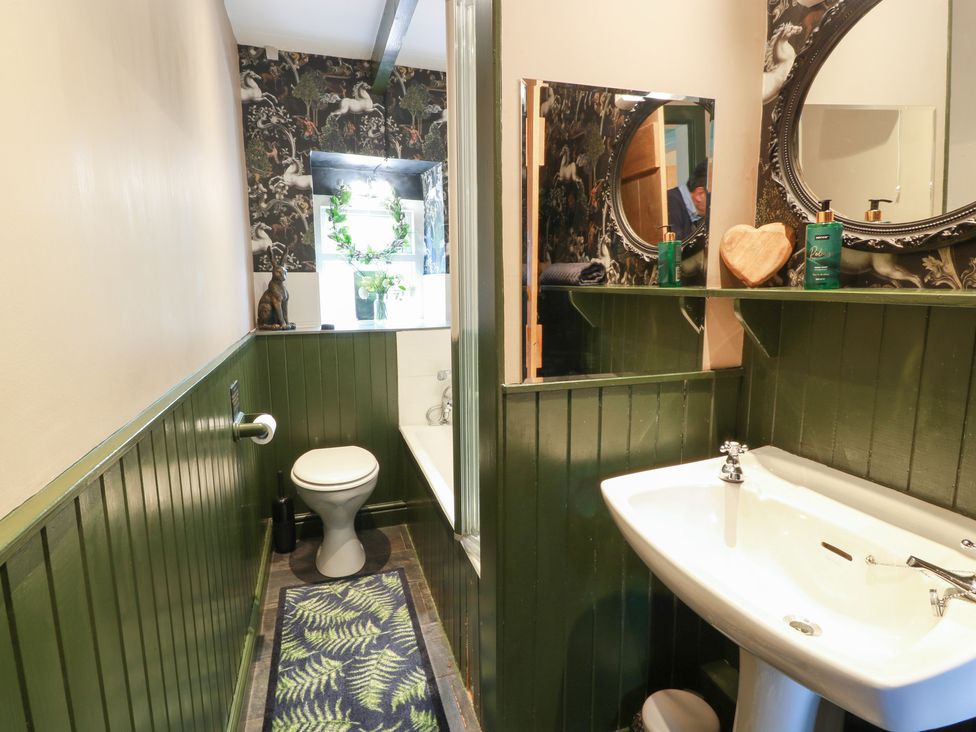 A bathroom with sink, toilet and shower at Rowantree Cottage in Kelso