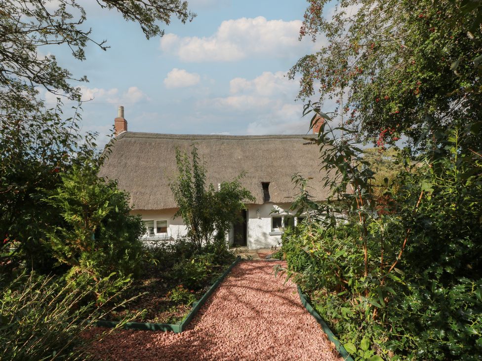 A house with a thatched roof and pathway at Rowantree Cottage in Kelso