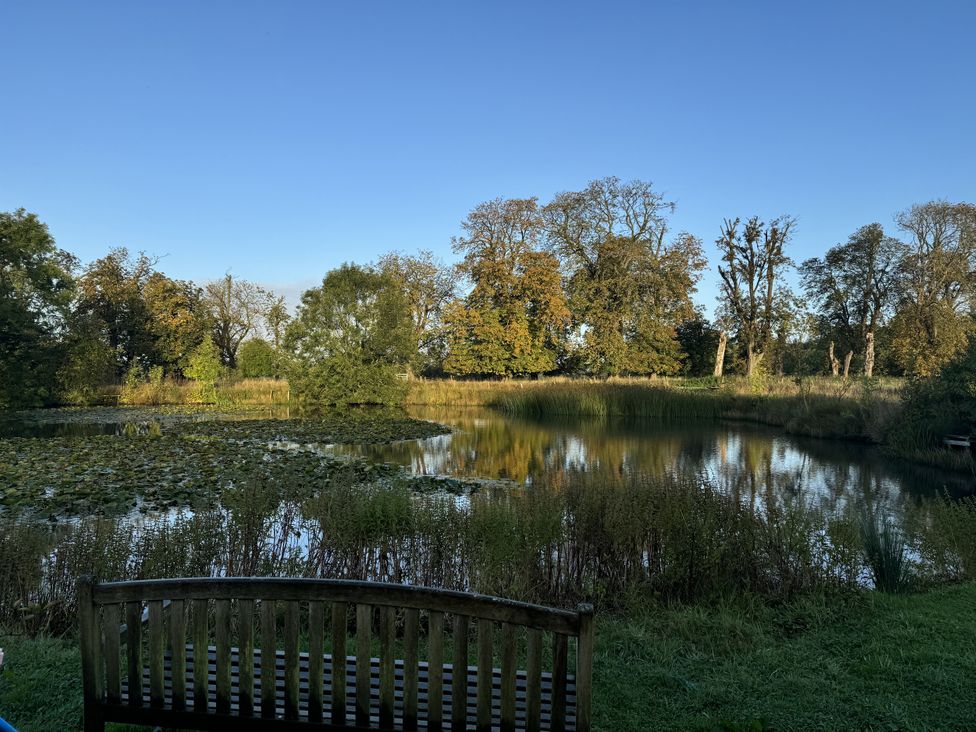 A pond with a bench and lily pads at Number 3 The Barn House Woodham