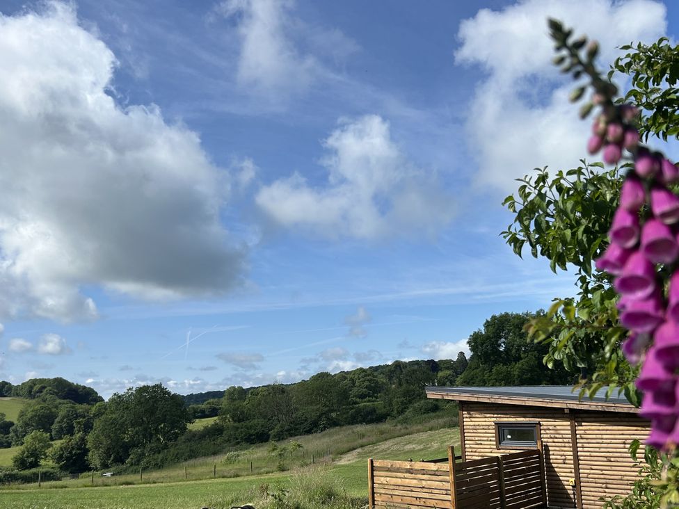 A view of a wooden building and landscape at Foxglove in Higher Wambrook near Chard