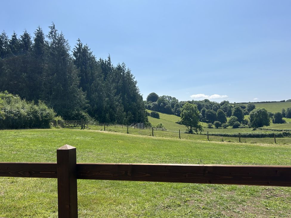 A view of a field with trees and hills at Foxglove in Higher Wambrook near Chard