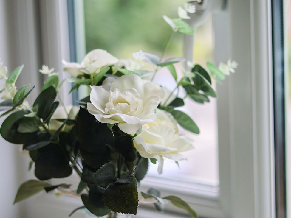 A vase with white flowers and green leaves near a window at 7 St. Germains Lane