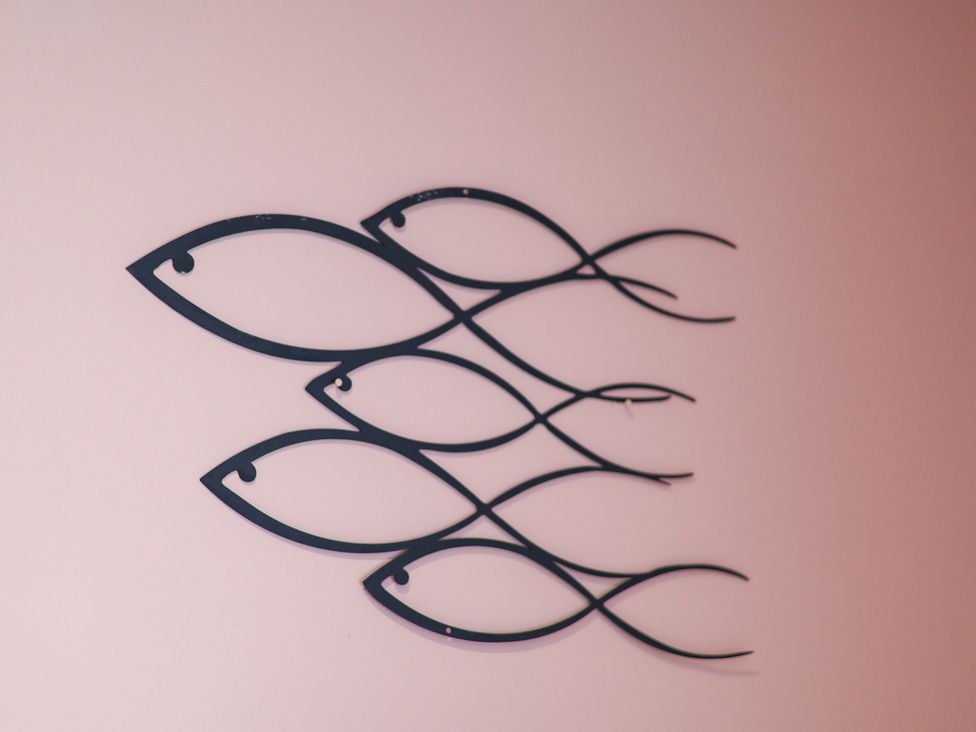A fish metal art piece on a pink wall at 7 St. Germains Lane