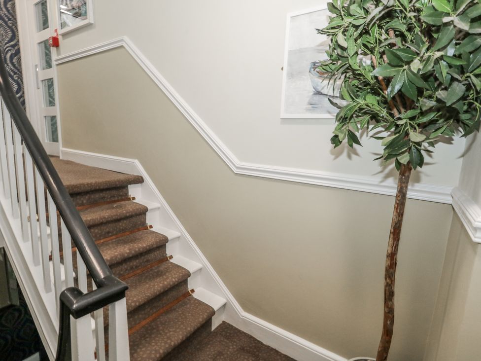 A staircase with a handrail and artificial plant at Vista Mare 2 Weymouth
