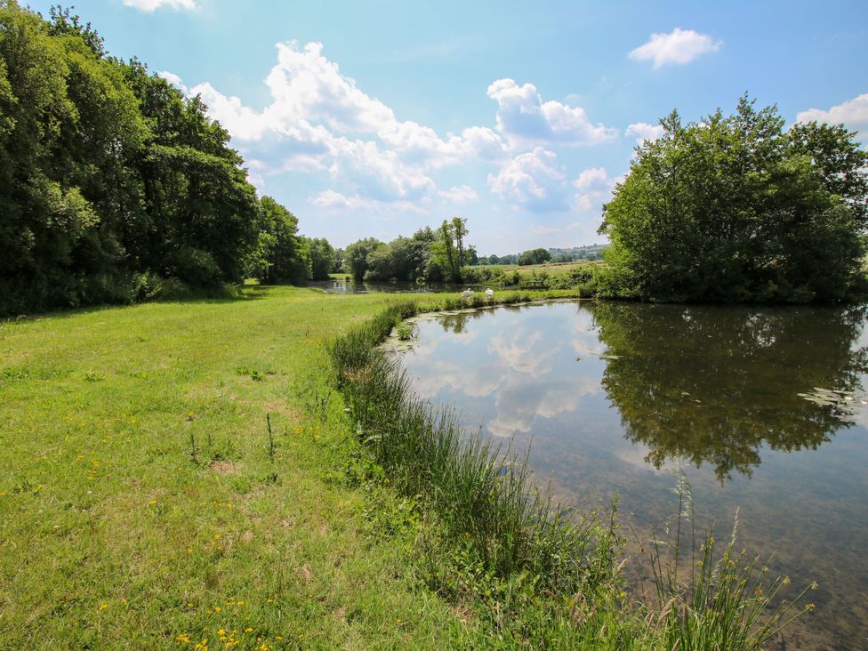 A grassy area next to a pond with trees and a blue sky at Upper Home Farm near Cardington