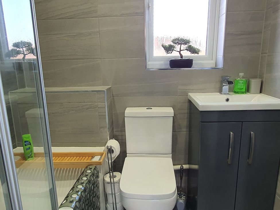 A bathroom featuring a toilet, washbasin, shower, and plant at 32 Moorland House