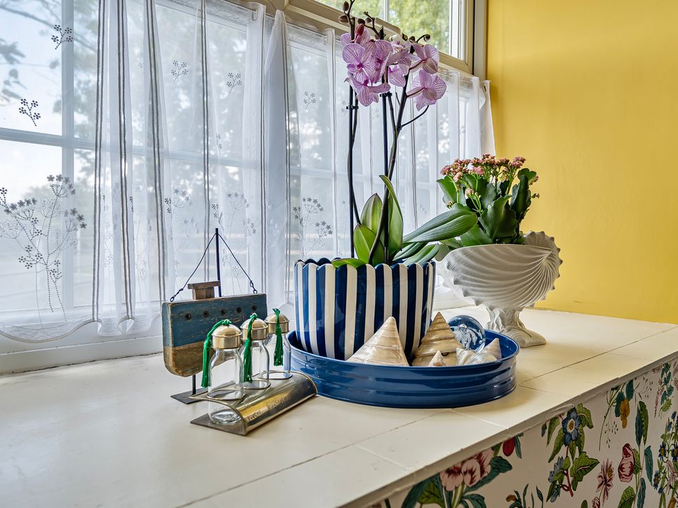 A collection of plants and decorations on a windowsill in Bodior Lodge Rhoscolyn