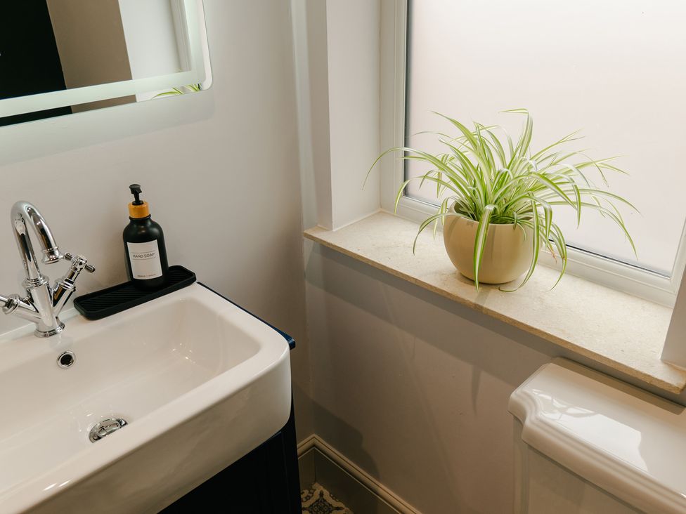 A bathroom with a sink and a plant on a windowsill at 33 Lorne Street Chester