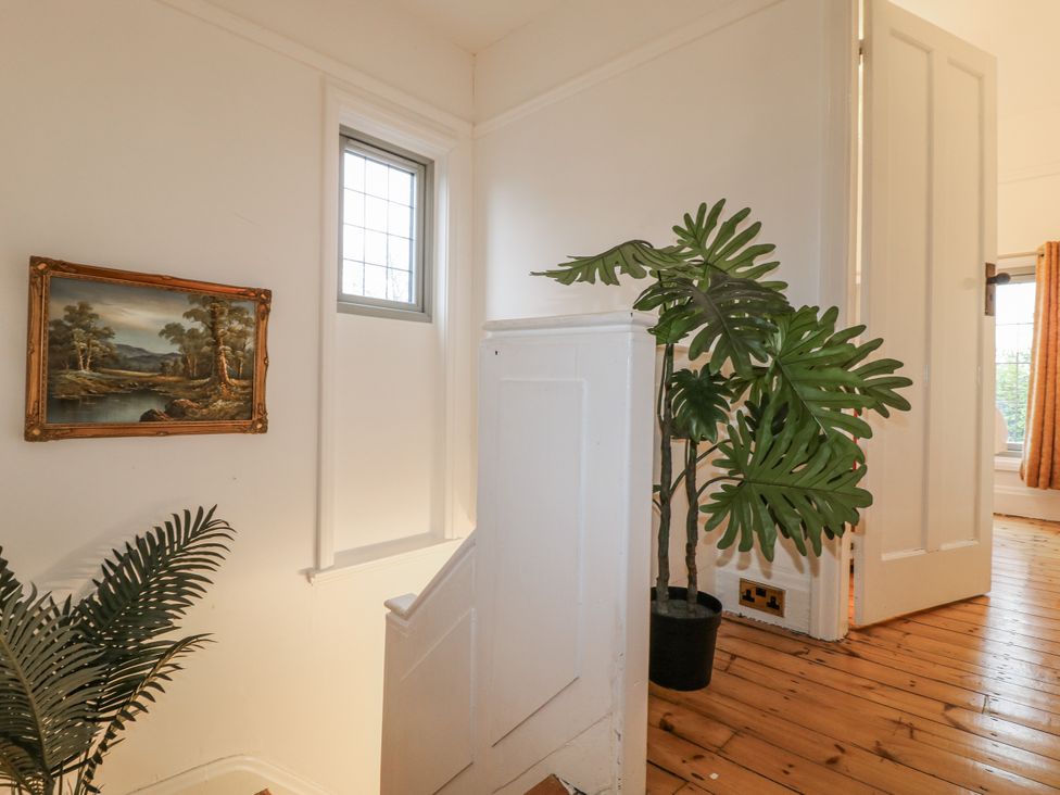 A stairway with a painting and a plant at Mellbreak in Ashby-De-La-Zouch