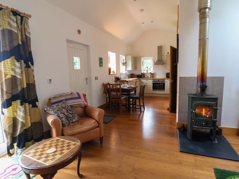 A living room with an armchair and fireplace at Delfryn in Llandeilo