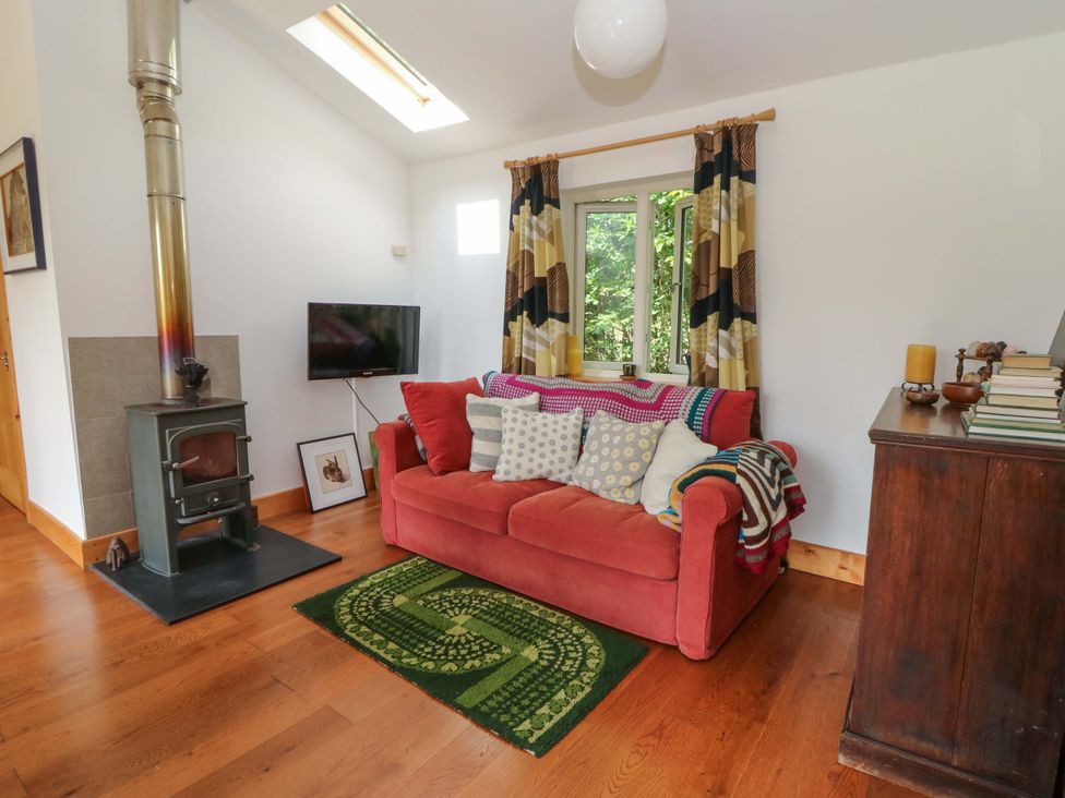 A living room with a sofa and wood burner at Delfryn in Llandeilo