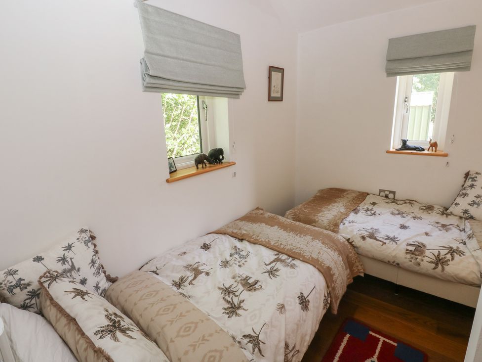 A bedroom with two beds and windows at Delfryn Llandeilo near Llandeilo